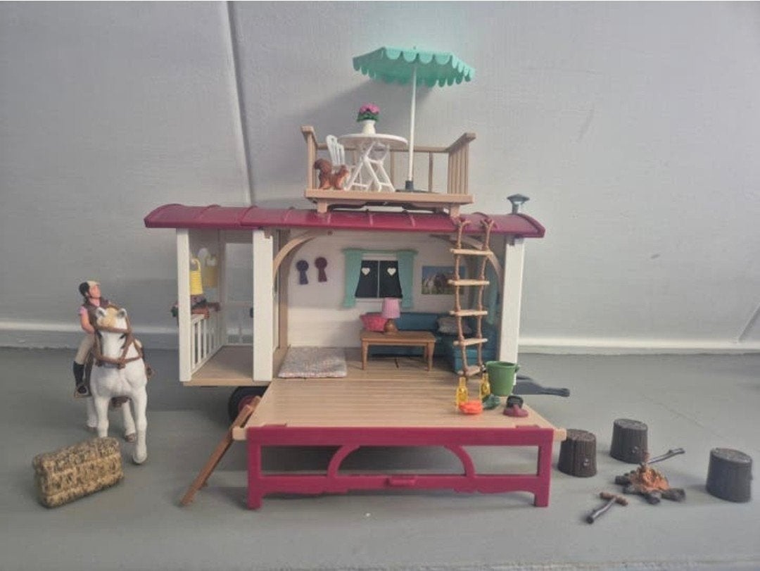 Schleich Caravan met paard en ruiter - Zo goed als nieuw, Kinderen en Baby's, Speelgoed | Overig, Ophalen of Verzenden