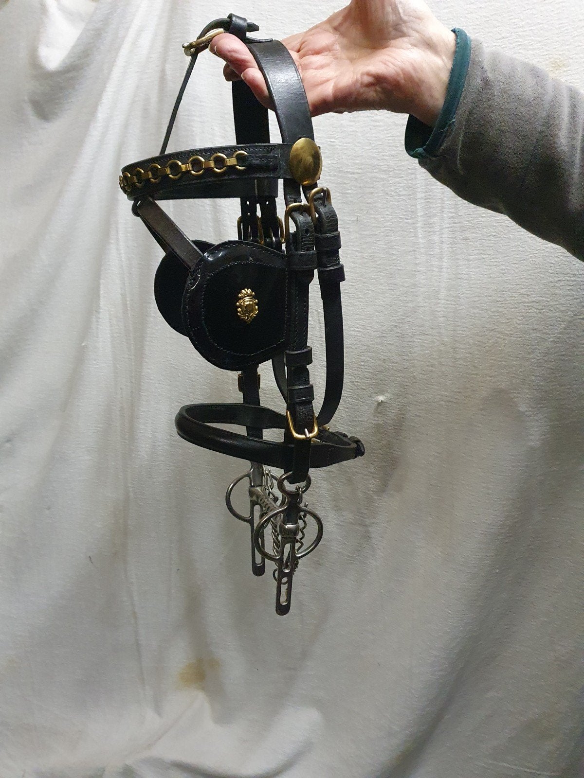 mooi pony tuigje zwart leer met lakleer pony ca. 100 cm, Ophalen of Verzenden