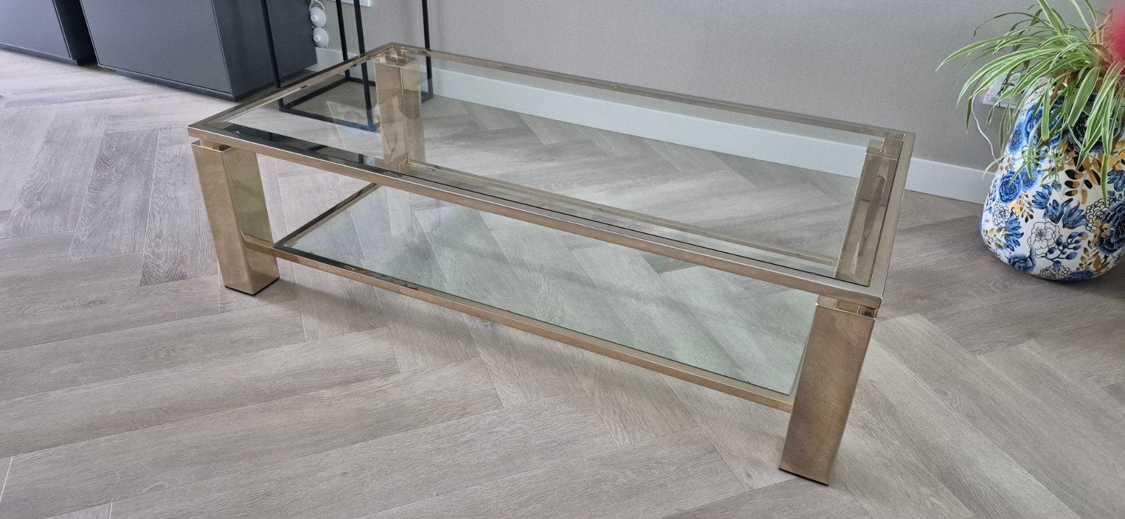 TE KOOP:Belgo Chrom salon tafel met glasplaat-1970-JF7OYVWY, Ophalen, Gebruikt, 100 tot 150 cm, Vintage