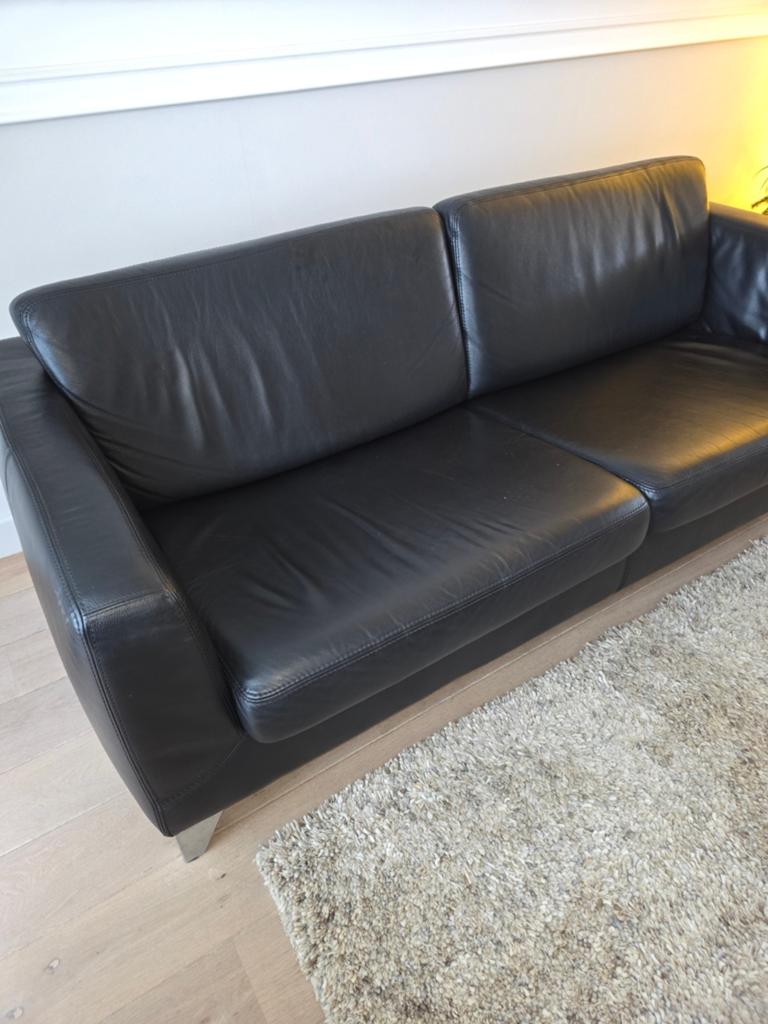 Moderne Machalke 3-zitsbank van zwart vol leer, 212 cm, Huis en Inrichting, Banken | Bankstellen, Ophalen, Gebruikt, Driepersoons