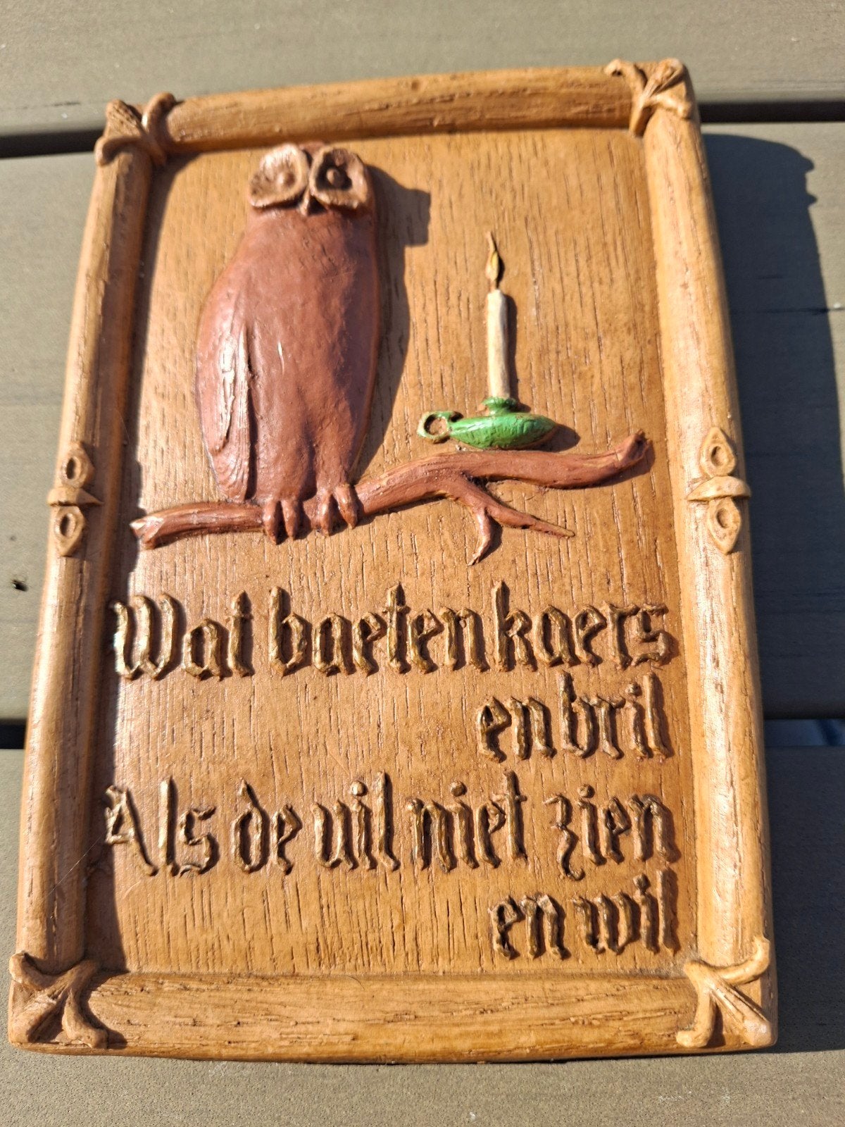 Vintage Houten Wanddecoratie Uil met Spreuk, Ophalen of Verzenden