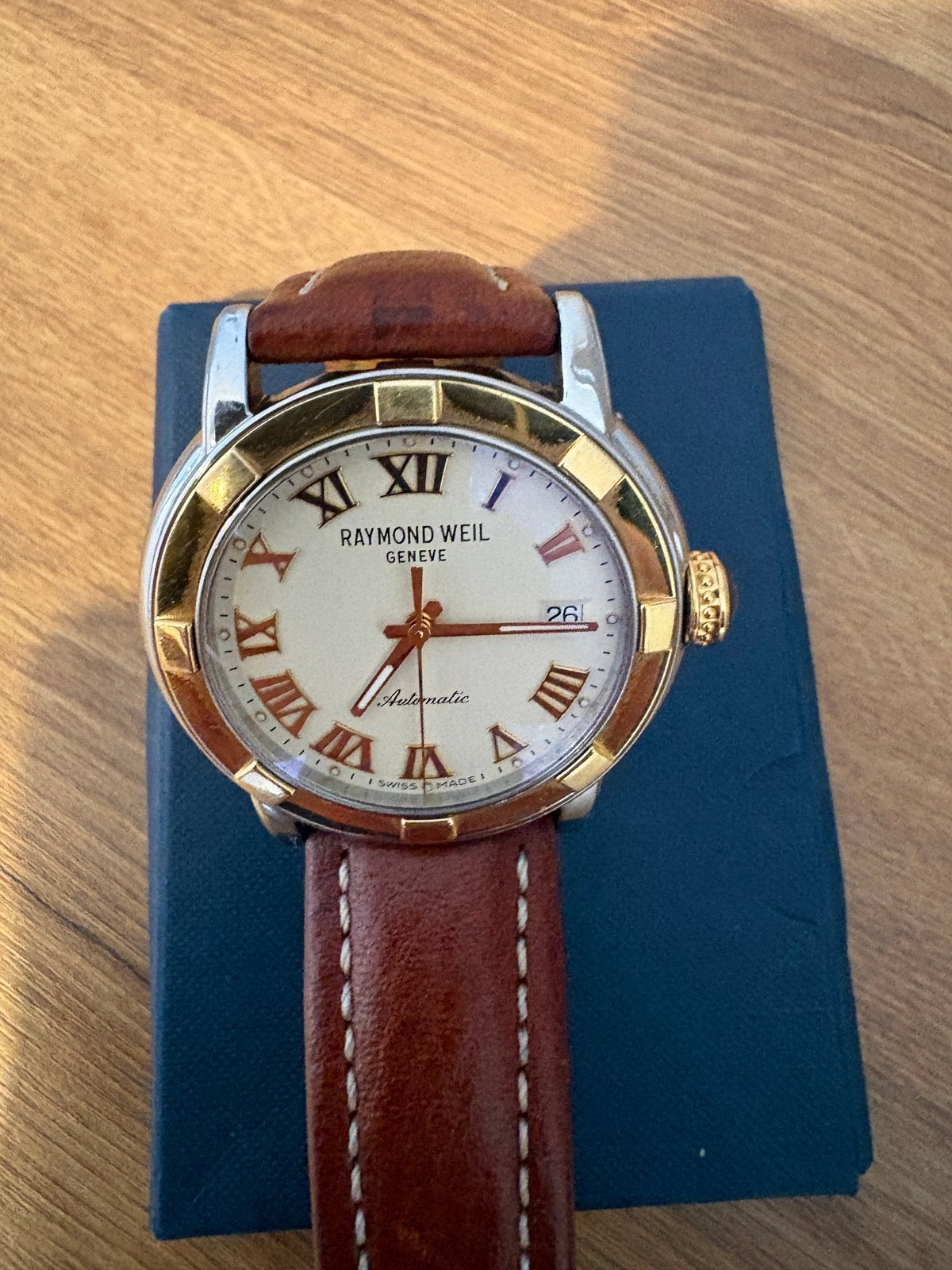 Raymond Weil Geneve Polshorloge - gedragen, Leer, Polshorloge, Zo goed als nieuw, Goud