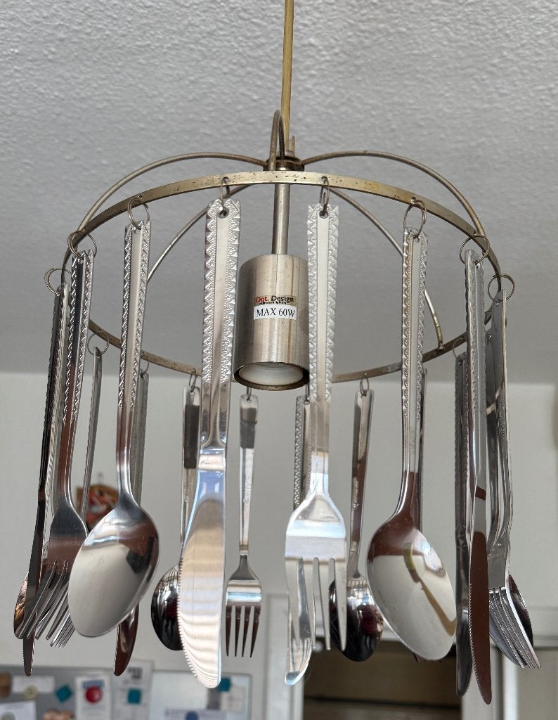 Unieke besteklamp van Dot. Design – echte blikvanger! RVS, Huis en Inrichting, Lampen | Hanglampen, Ophalen of Verzenden, Gebruikt
