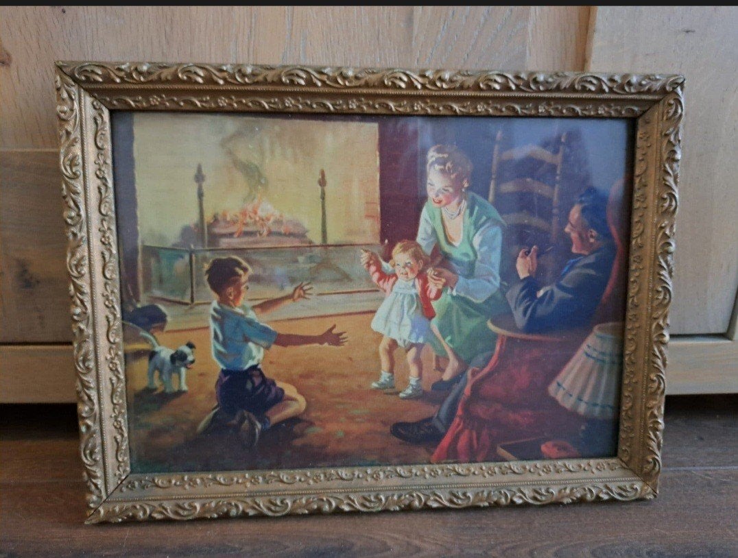 Oud schilderij gezin kindjes leren lopen warme tint 33-25cm, Ophalen of Verzenden