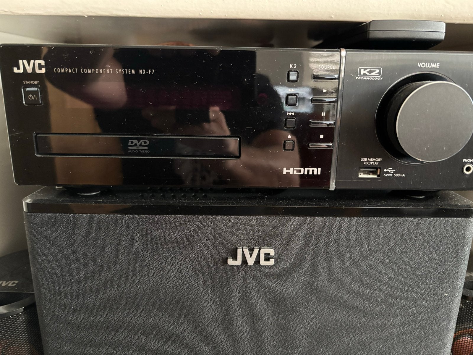 JVC muziekinstallatie met boxen en afstandsbediening, Ophalen, JVC, Dvd-speler, Gebruikt