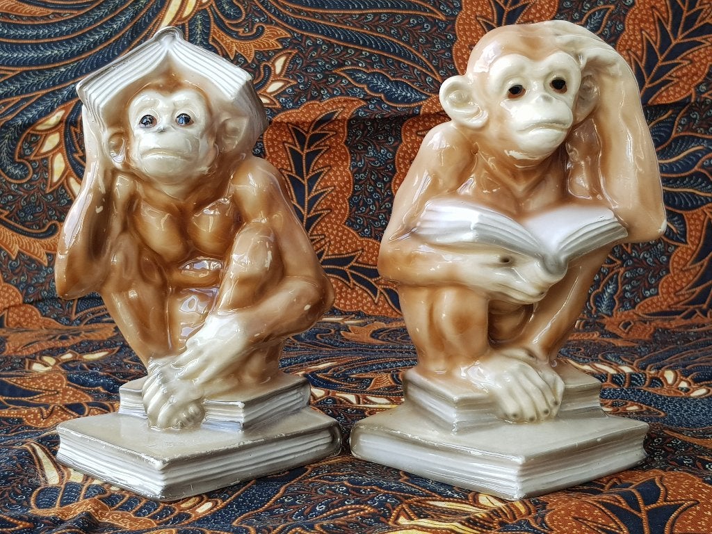 Mooi stel oude boekensteunen als chimpansees 17,5 cm., Ophalen of Verzenden