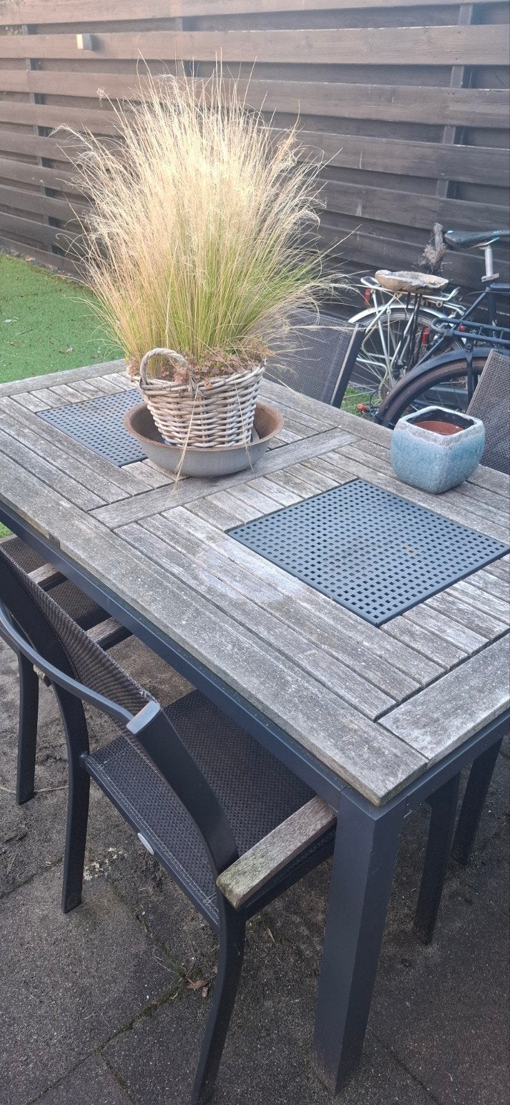 Complete tuinset met 4 stoelen en kussens, Tuin en Terras, Ophalen, Gebruikt, Hout