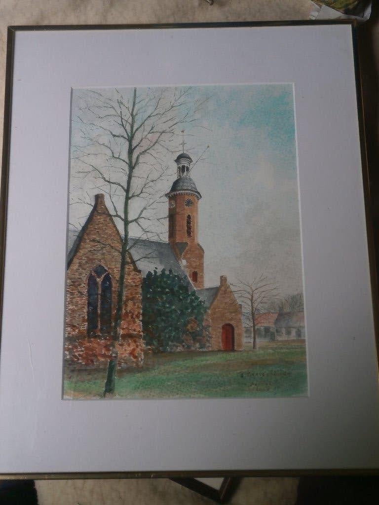 Mooie aquarel v/d St Maartenskerk 's-Gravenpolder, Ophalen of Verzenden, Expressionistisch, Stads- / dorpsgezicht, Papier