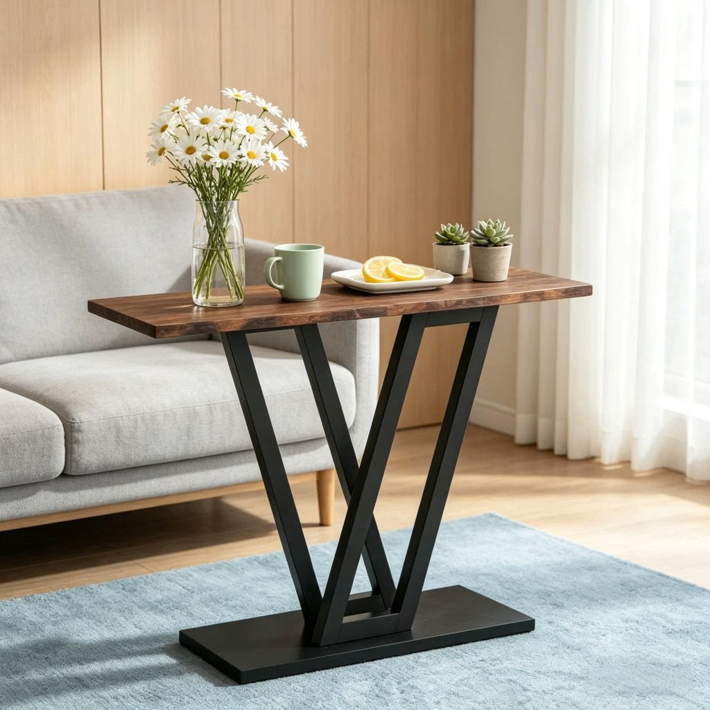 Bruine Houten Consoletafel Met Zwarte V-Vorm Poten, Huis en Inrichting, Tafels | Sidetables, 50 tot 100 cm, Verzenden, Nieuw, Metaal