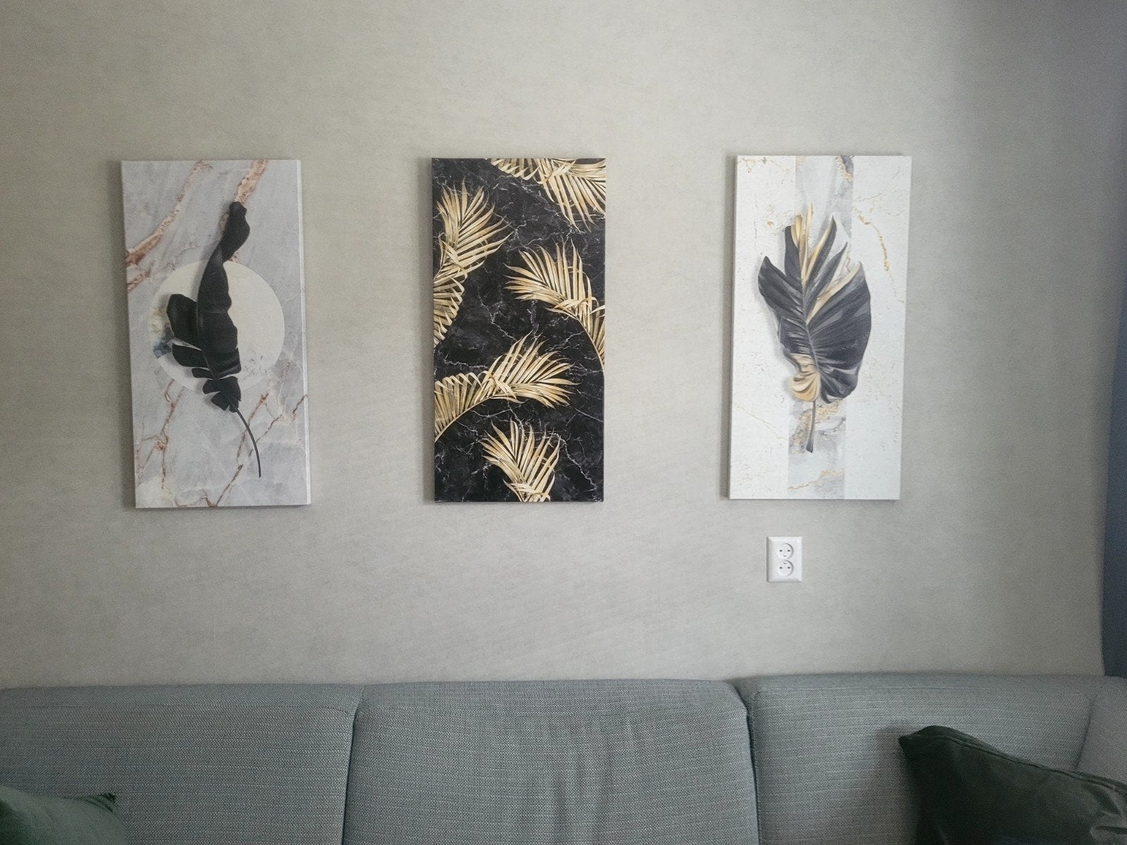 Set van 3 moderne canvas schilderijen met bladeren, 50 – 75, Minder dan 50 cm, Ophalen of Verzenden, Zo goed als nieuw