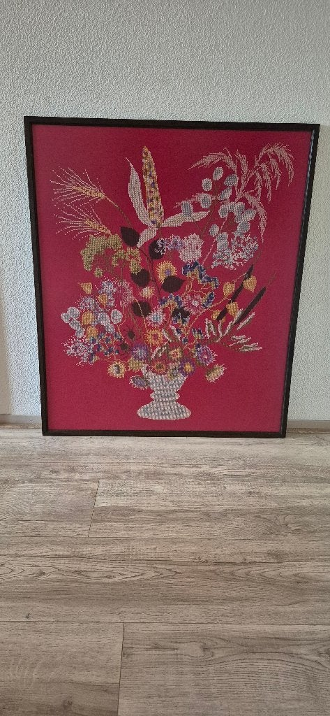 Borduurwerk droogbloemen vintage handwerk Mies Bloch, Bloemen, Ophalen of Verzenden, Vintage, Ingelijst