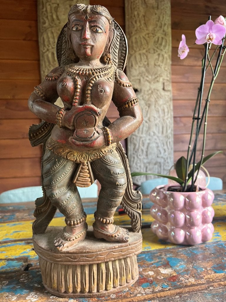 India beeld houtsnijwerk Parvati uniek oud Indiase godin, Handgemaakt, Ophalen of Verzenden, 20 - 50 cm, Beeld