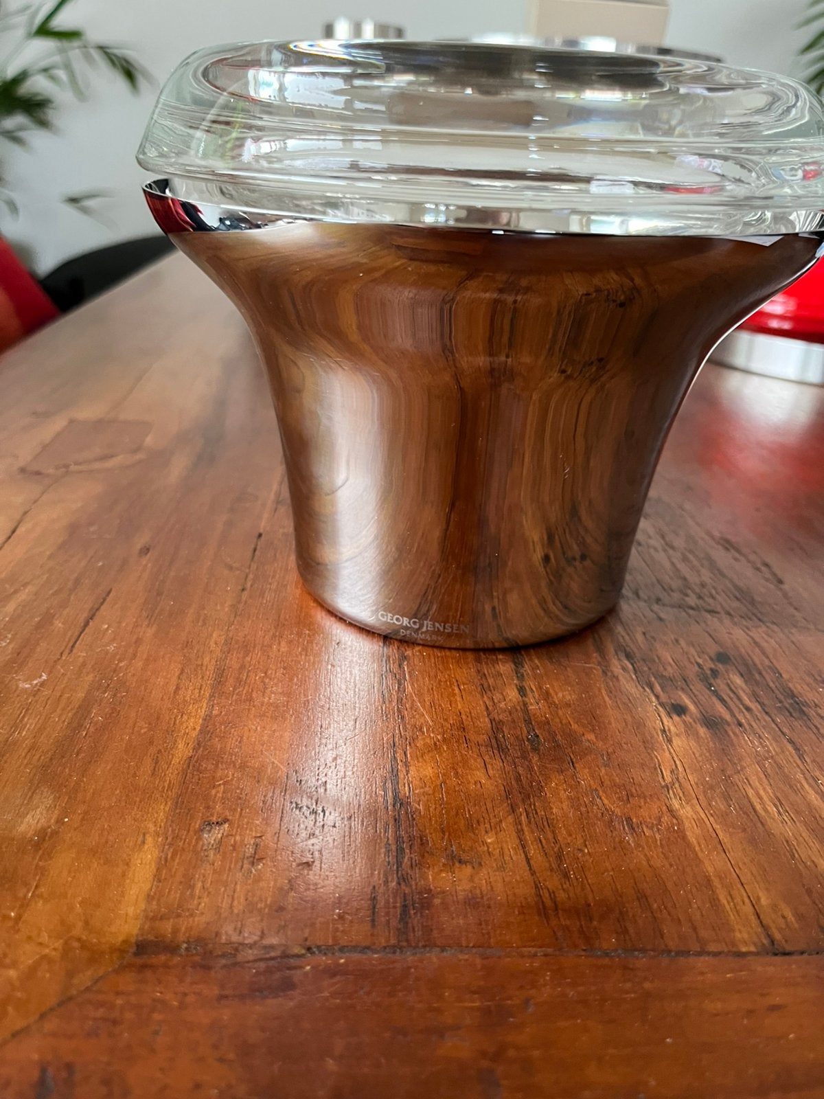 Georg Jensen bloempot staal en glas Maria, Gebruikt, Metaal, Zilver, 15 cm