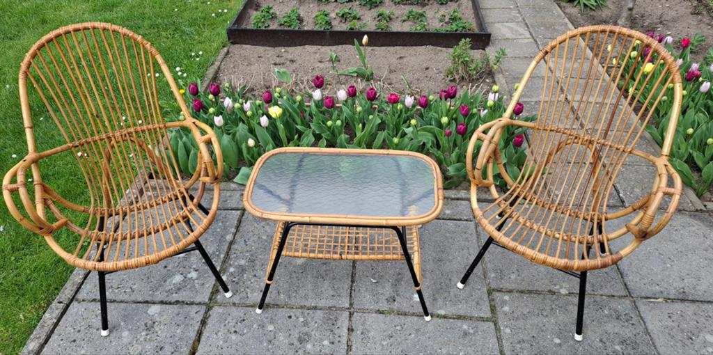 Twee rotan stoelen met tafeltje., Huis en Inrichting, Stoelen, Ophalen, Bruin, Twee