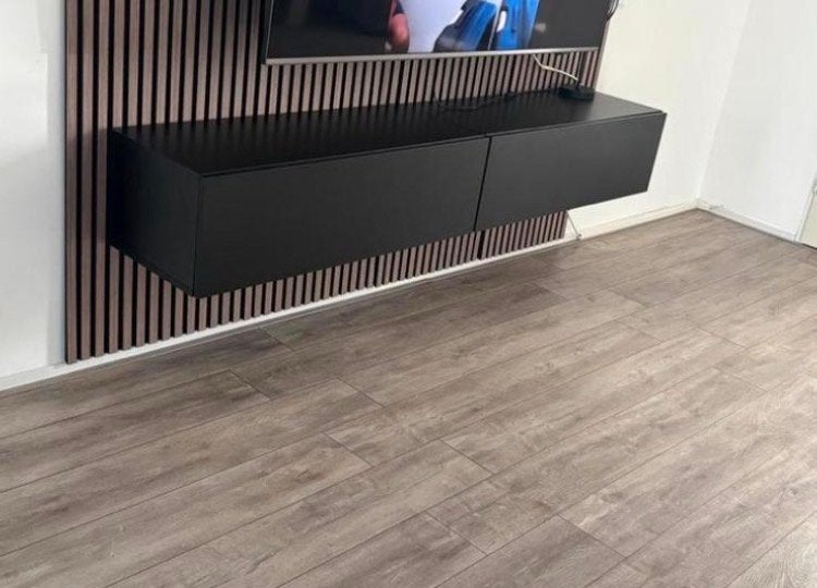 Zwart zwevend tv-meubel met 2 lades, Ophalen, 100 tot 150 cm, Zo goed als nieuw, Minder dan 100 cm