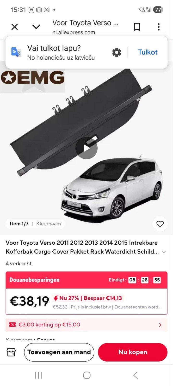 Toyota Verso hoedenplank 2012 carbon - licht gebruikt, Ophalen, Voor, Toyota, Bumper