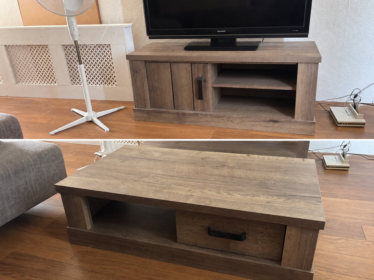 Set van TV-meubel en salontafel in houtlook, Ophalen, Gebruikt, 100 tot 150 cm, Minder dan 100 cm