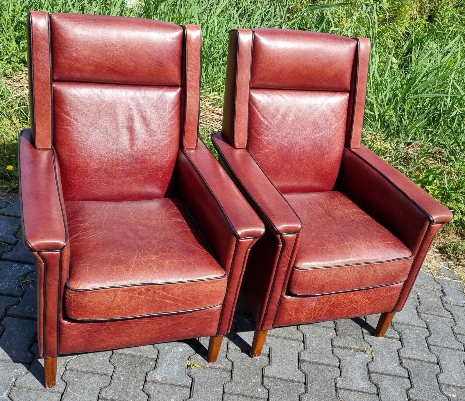 2x fijne Klassieke fauteuil rood bruin leer + BEZORGING, Gebruikt, ., Klassiek, Ophalen of Verzenden