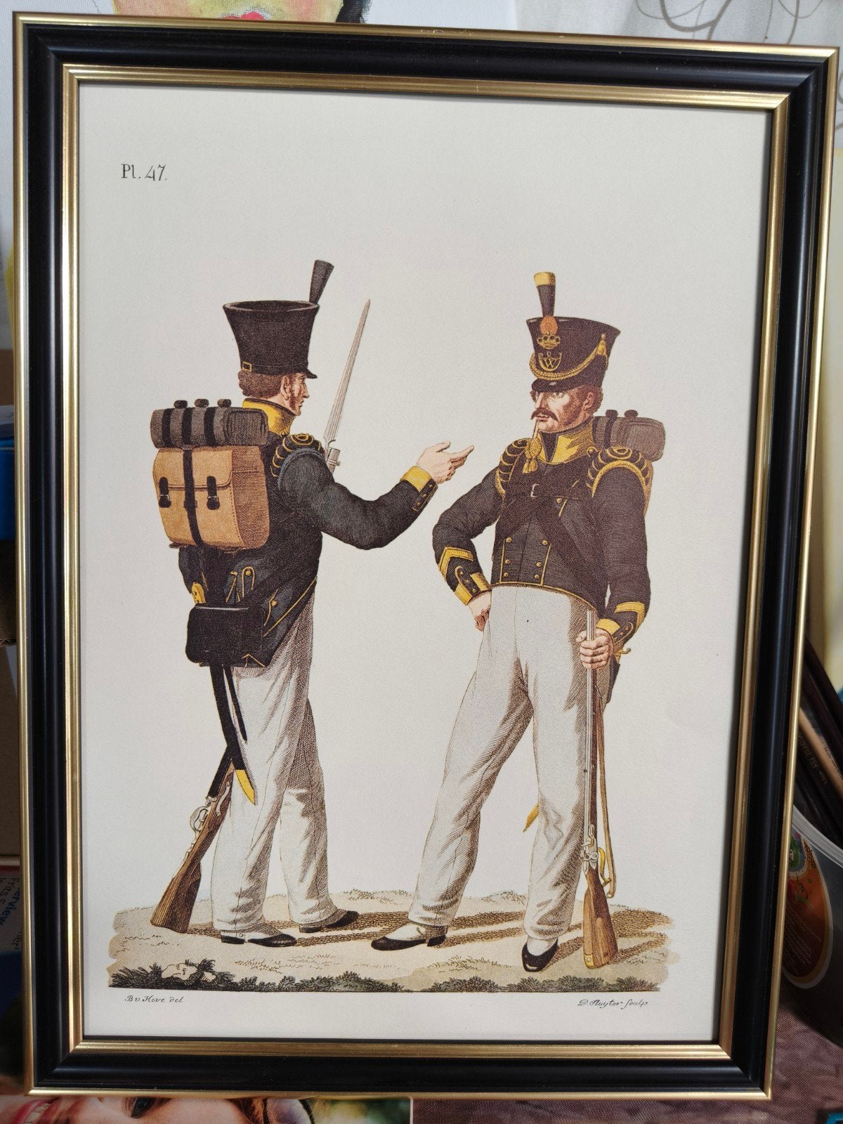 Militair uniform, 19e eeuw, ingelijste prent, 1800 - 1899, Militair, Ophalen of Verzenden, Lithografie