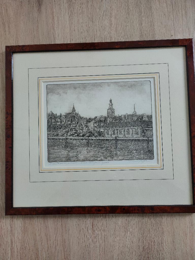 Vintage brocante ets oud Vlaardingen nummer 10 van 50, Antiek en Kunst, Kunst | Etsen en Gravures, Ophalen of Verzenden
