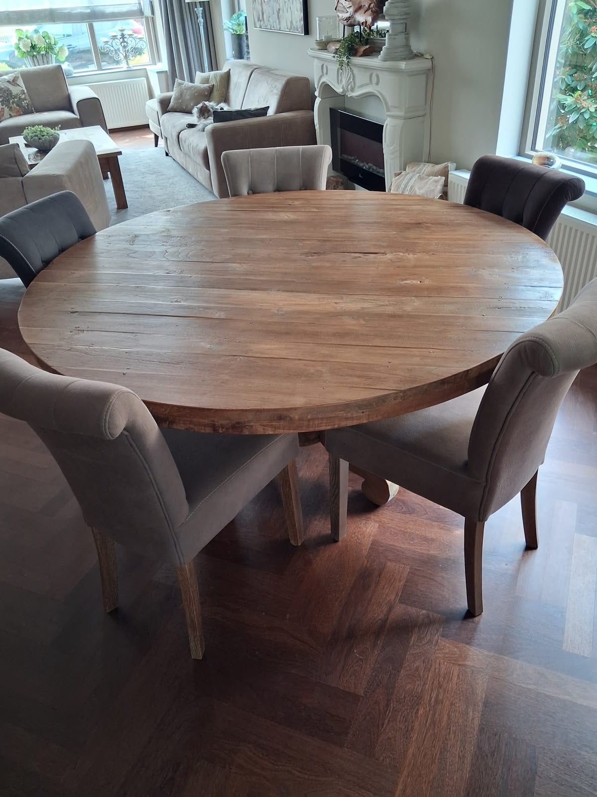 Ronde Teakhouten tafel, Ophalen, 150 tot 200 cm, Zo goed als nieuw, Vijf personen of meer