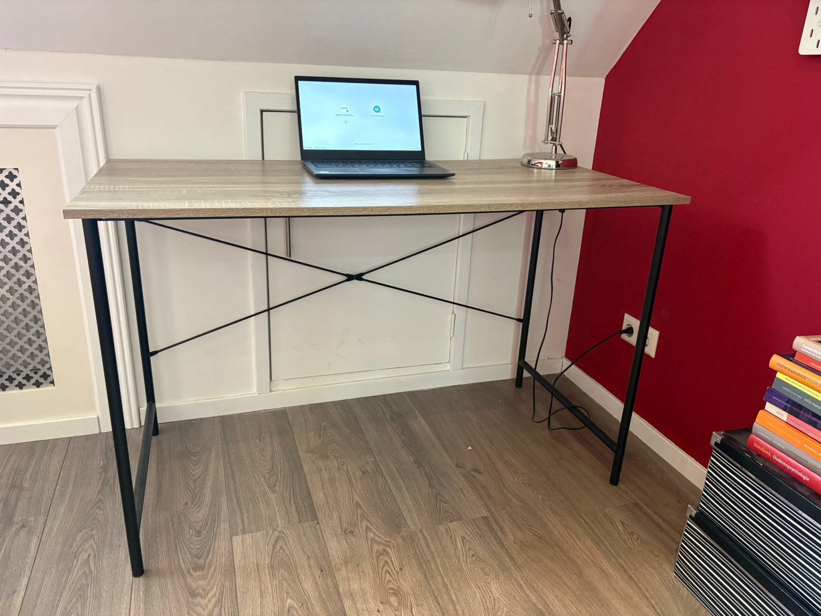 Bureau 120x60 cm licht eiken/zwart, Ophalen, Zo goed als nieuw