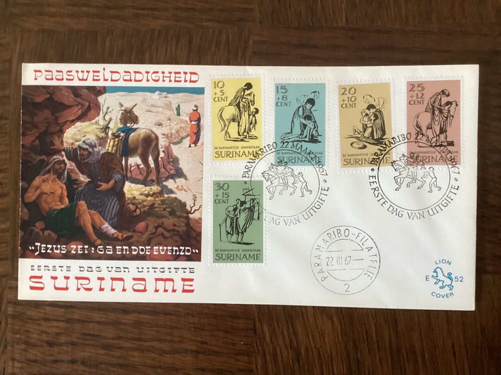 Suriname Paasweldaadigheid Eerste Dag Uitgifte 1967, Met envelop, Ophalen of Verzenden, Gestempeld, 1e dag stempel