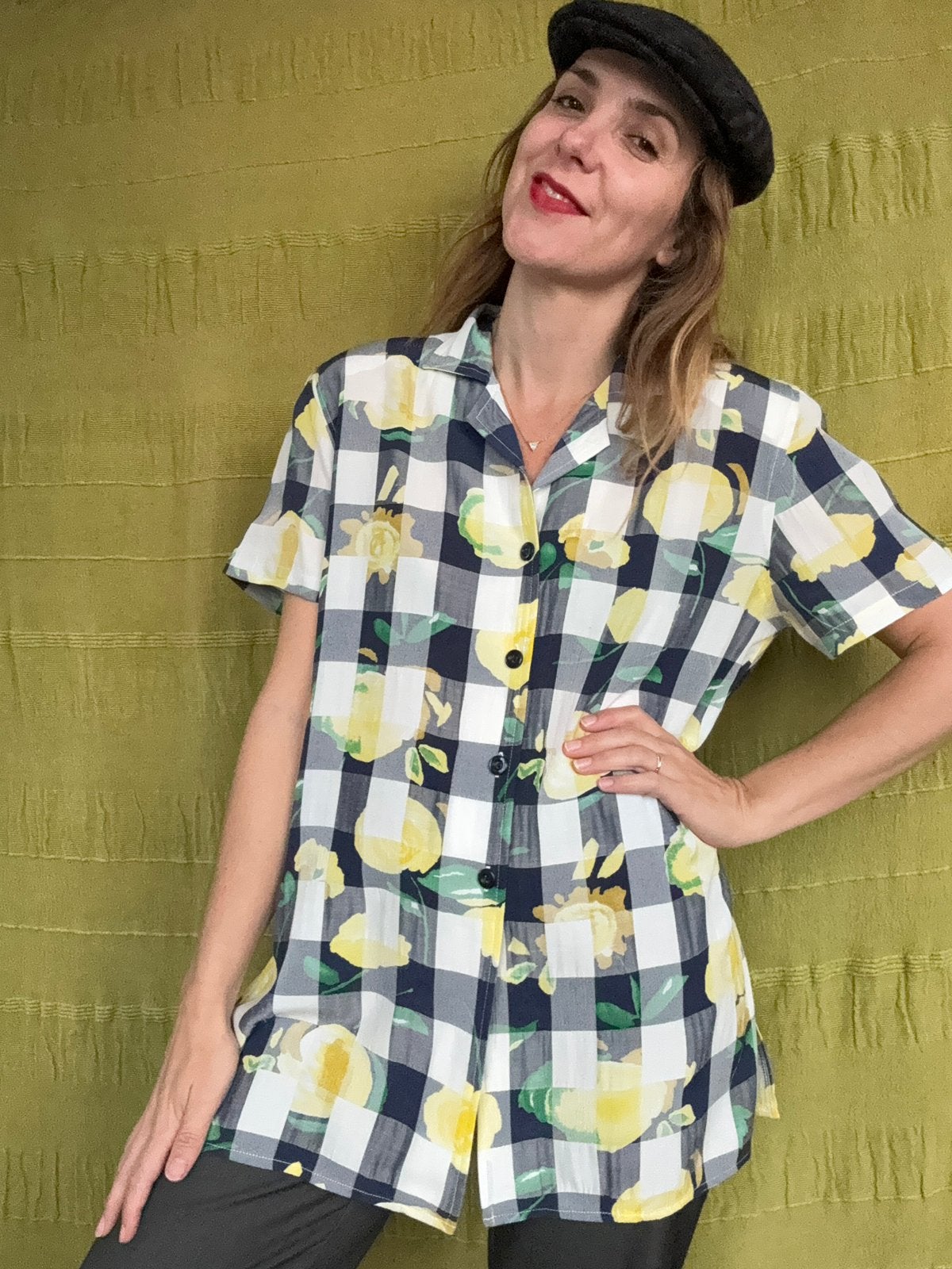 Vintage blouse - print - blauw - geel - 40/L/large, Maat 38/40 (M), Hgv, Blauw, Hgv