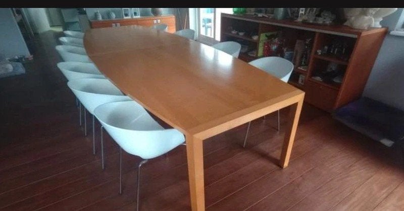 Prachtige tafel eettafel 425 cm. lang massief ahorn hout, Ophalen, Modern design, Gebruikt, 100 tot 150 cm