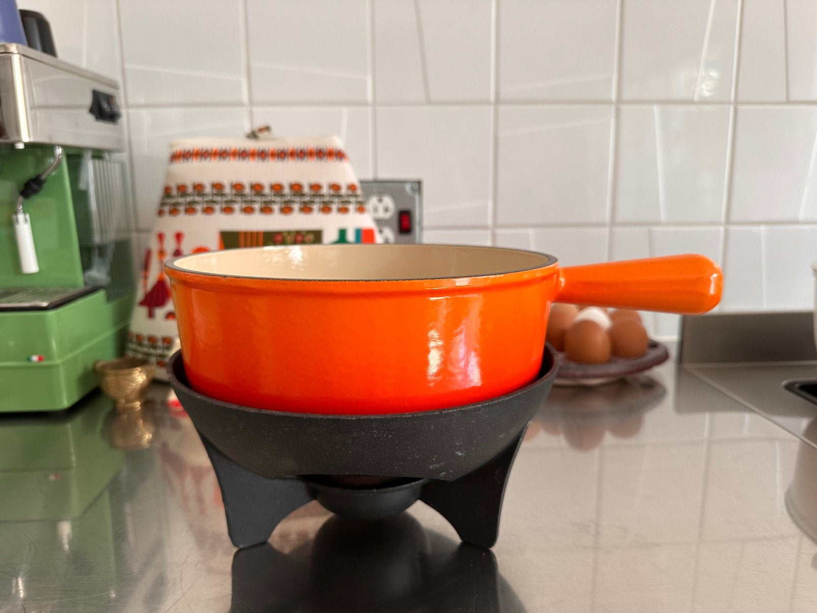 Le Creuset Fonduepan Set Volcanic Orange Vintage, Gietijzer, Ophalen of Verzenden, Zo goed als nieuw, X