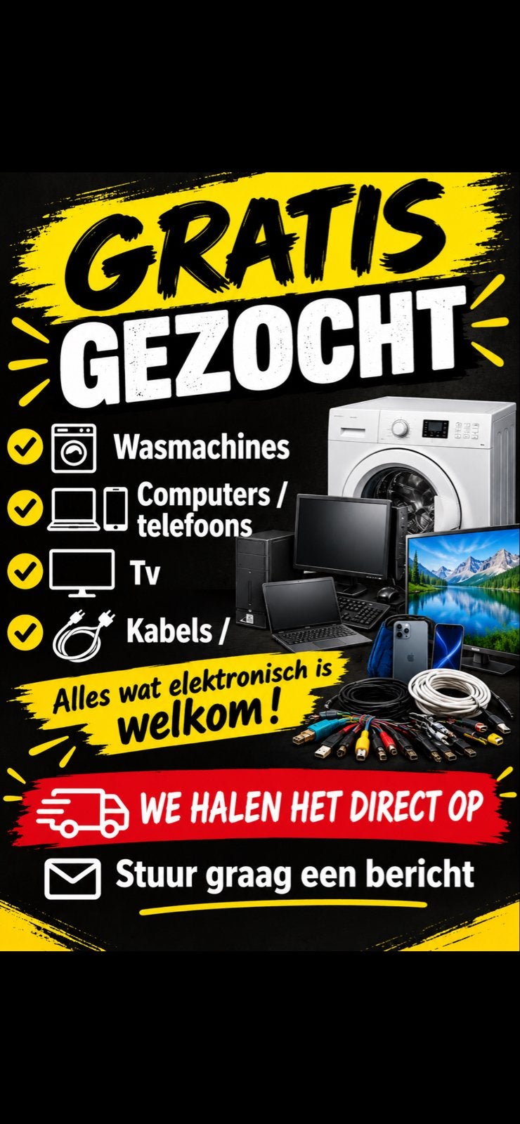 Gratis gezocht: Wasmachines, computers, tv's en kabels, Witgoed en Apparatuur, Ophalen of Verzenden, Niet werkend