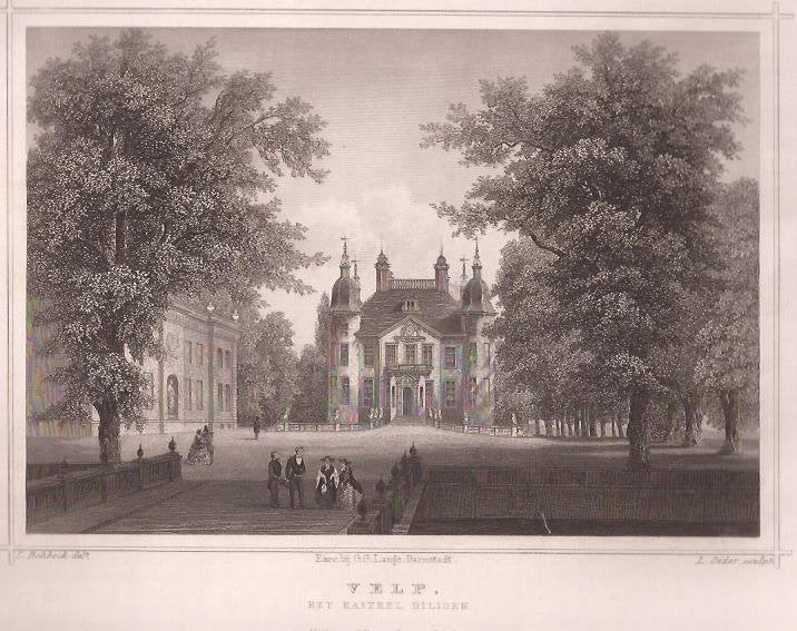 Velp. Het kasteel Biljoen Terwen ca. 1865, Antiek en Kunst, Kunst | Etsen en Gravures, Gravure, Blanco verso, Gesigneerd, Met tekst