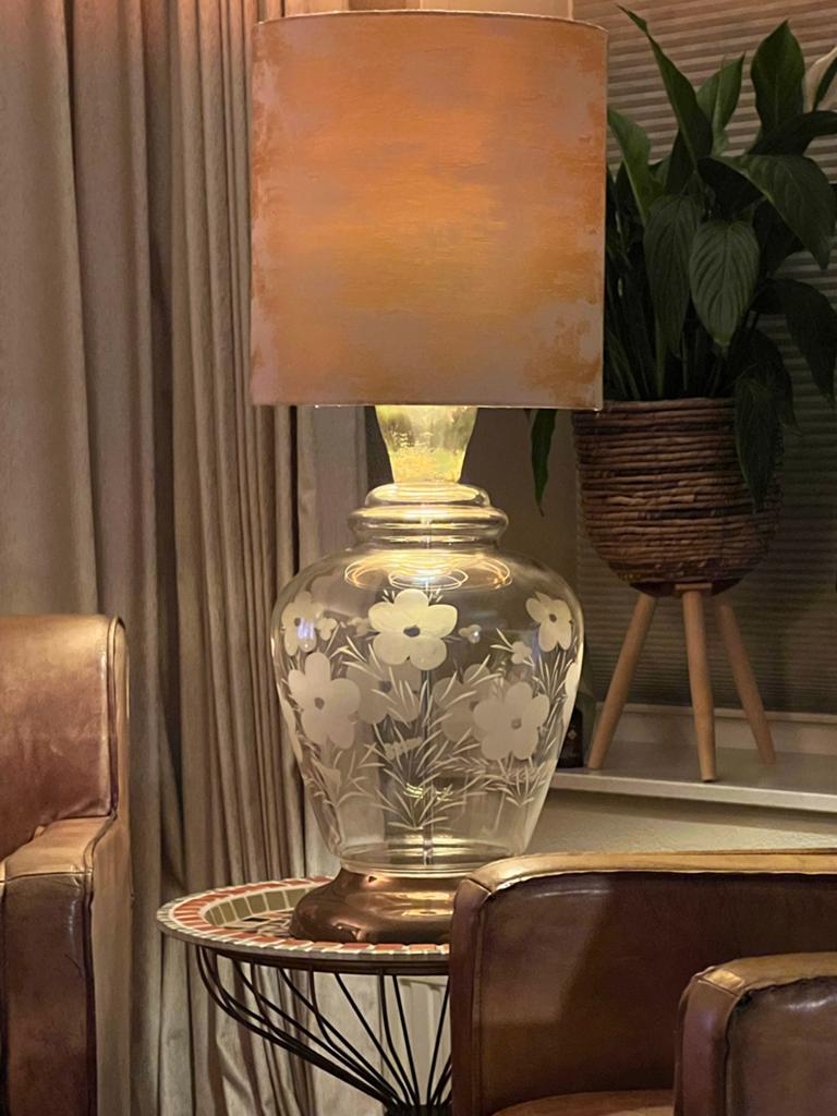 Aparte Vintage Glas Geslepen Schemerlamp met Stoffen Kap, Antiek en Kunst, Antiek | Lampen, Ophalen