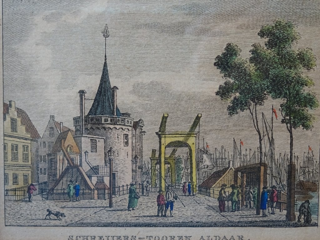 gravure kleur Schreierstoren Amsterdam, ophaalbrug Bendorp, Antiek en Kunst, Verzenden, Stadsgezicht, Gravure, 1700 - 1799