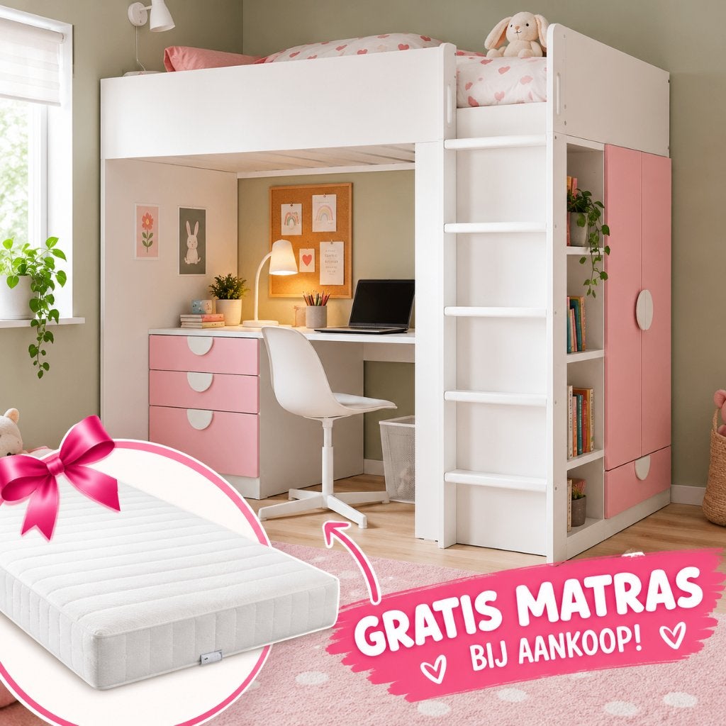 SMÅSTAD Hoogslaper, wit pink/met bureau met 3 planken, Ophalen, Zo goed als nieuw, Hoogslaper