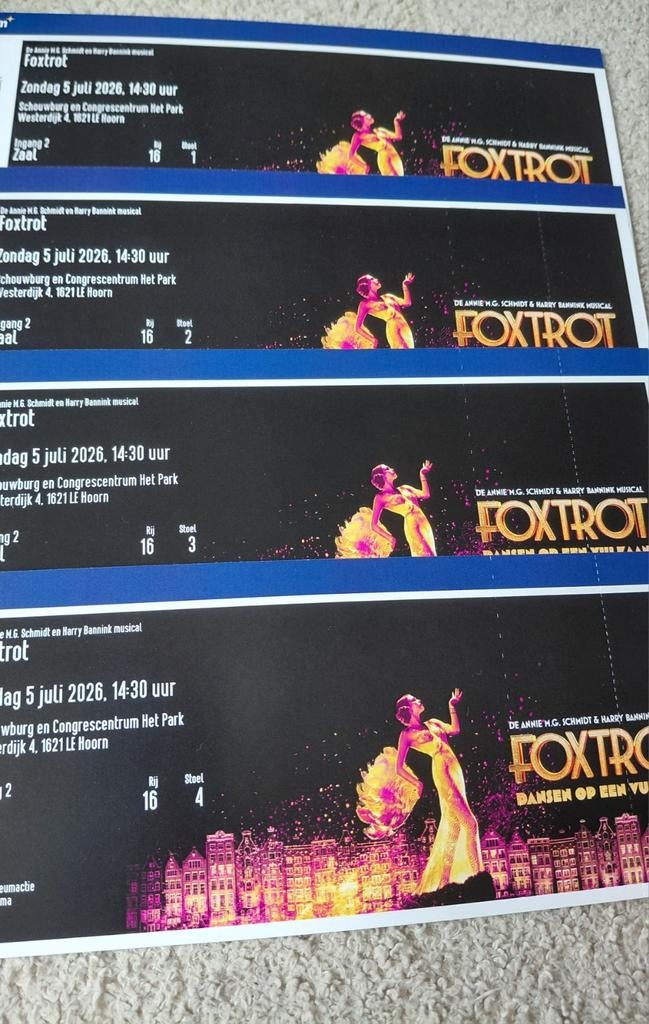 4 Tickets voor de musical Foxtrot 5 juli 14.30 uur in Hoorn, Tickets en Kaartjes, Drie personen of meer, Juli