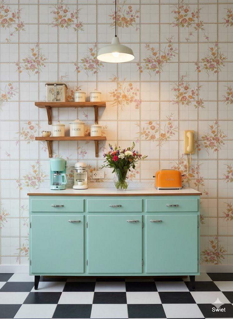 6665 Origineel vintage roze oranje keuken behang swiet, Verzenden, Minder dan 10 m², Roze