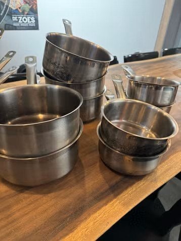 9 stuks Select Cuisine steelpannen voor gasfornuis, Huis en Inrichting, Ophalen, Gebruikt, Rvs, Pannenset