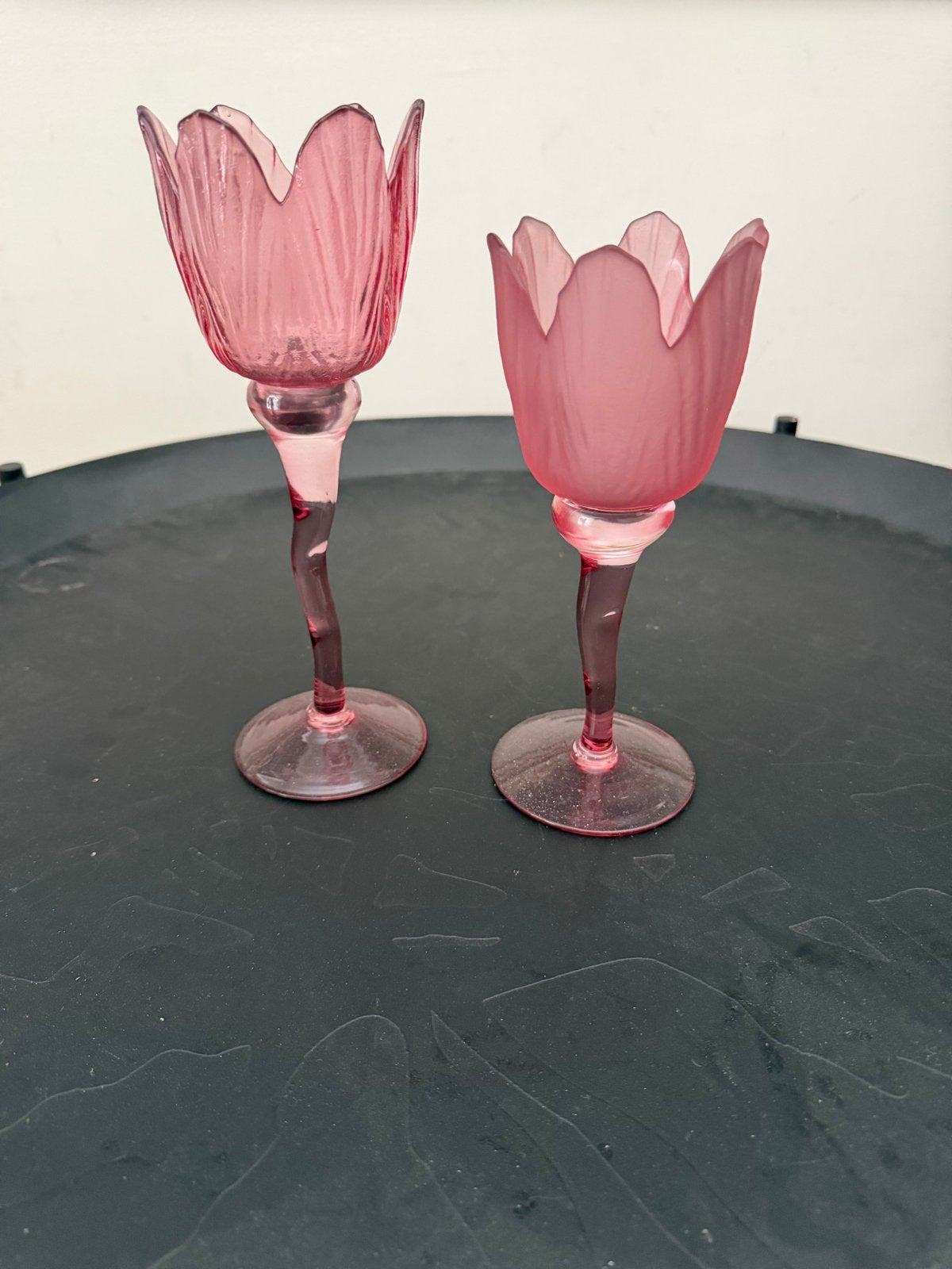 Set van 2 roze glazen kandelaars in tulpvorm, Ophalen, Roze, Kandelaar, Glas