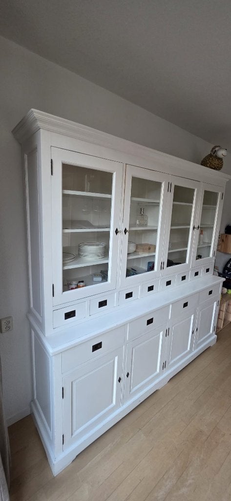 Grote witte buffetkast / servieskast 220 cm - vitrinedeuren, Gebruikt, Met deur(en), 200 cm of meer, 200 cm of meer