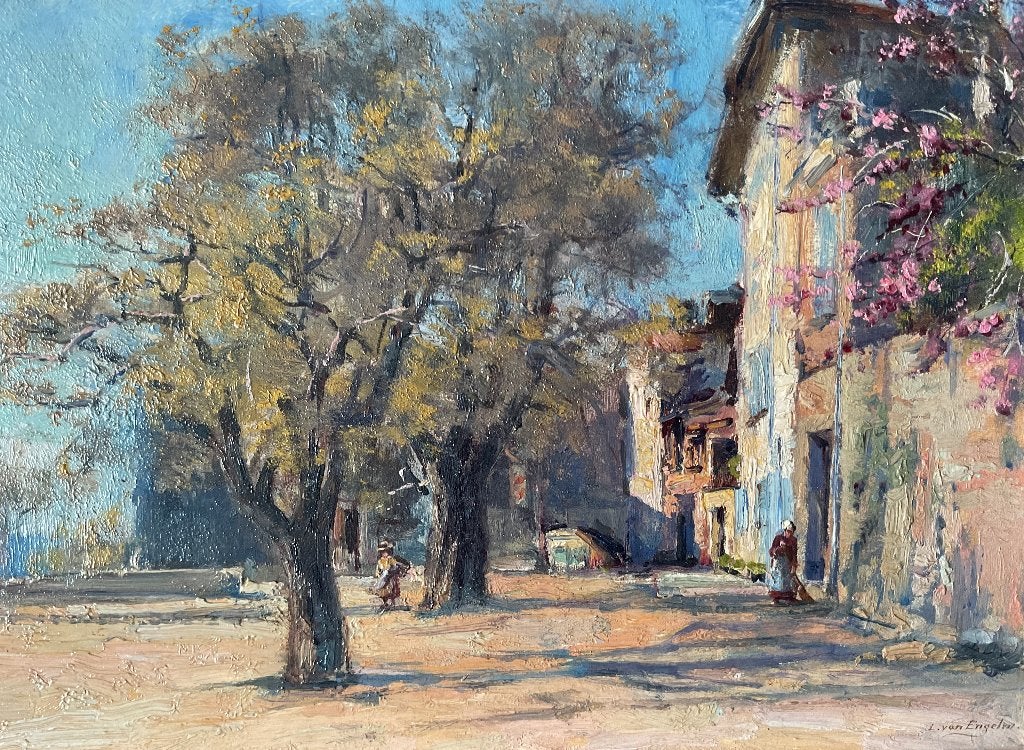 Louis Van Engelen (1857-1940) - Gezicht op dorpsplein, Paneel, Ophalen of Verzenden, Bijzondere lijst, Olieverf