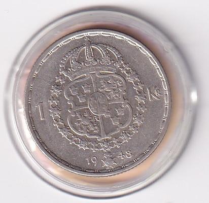 Zweden 1 Krona 1948 Fraai, Verzenden, Overige landen, Losse munt, Zilver