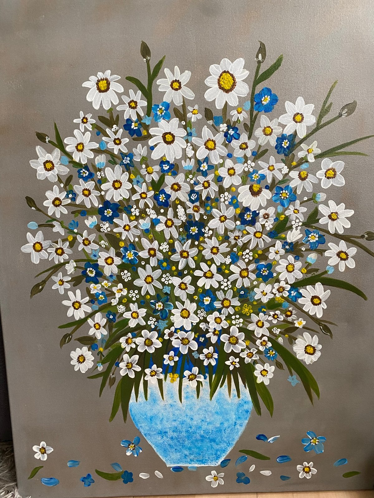 Schilderij bloemenvaas madeliefjes 58x78cm zonder lijst, Bloemen, Doek, Realistisch, Ophalen of Verzenden