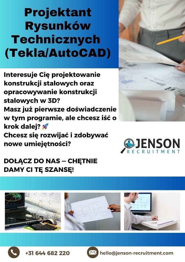 Projektant rysunków technicznych w Tekla AutoCAD, 33 - 40 uur, MBO, Starter, Vast contract