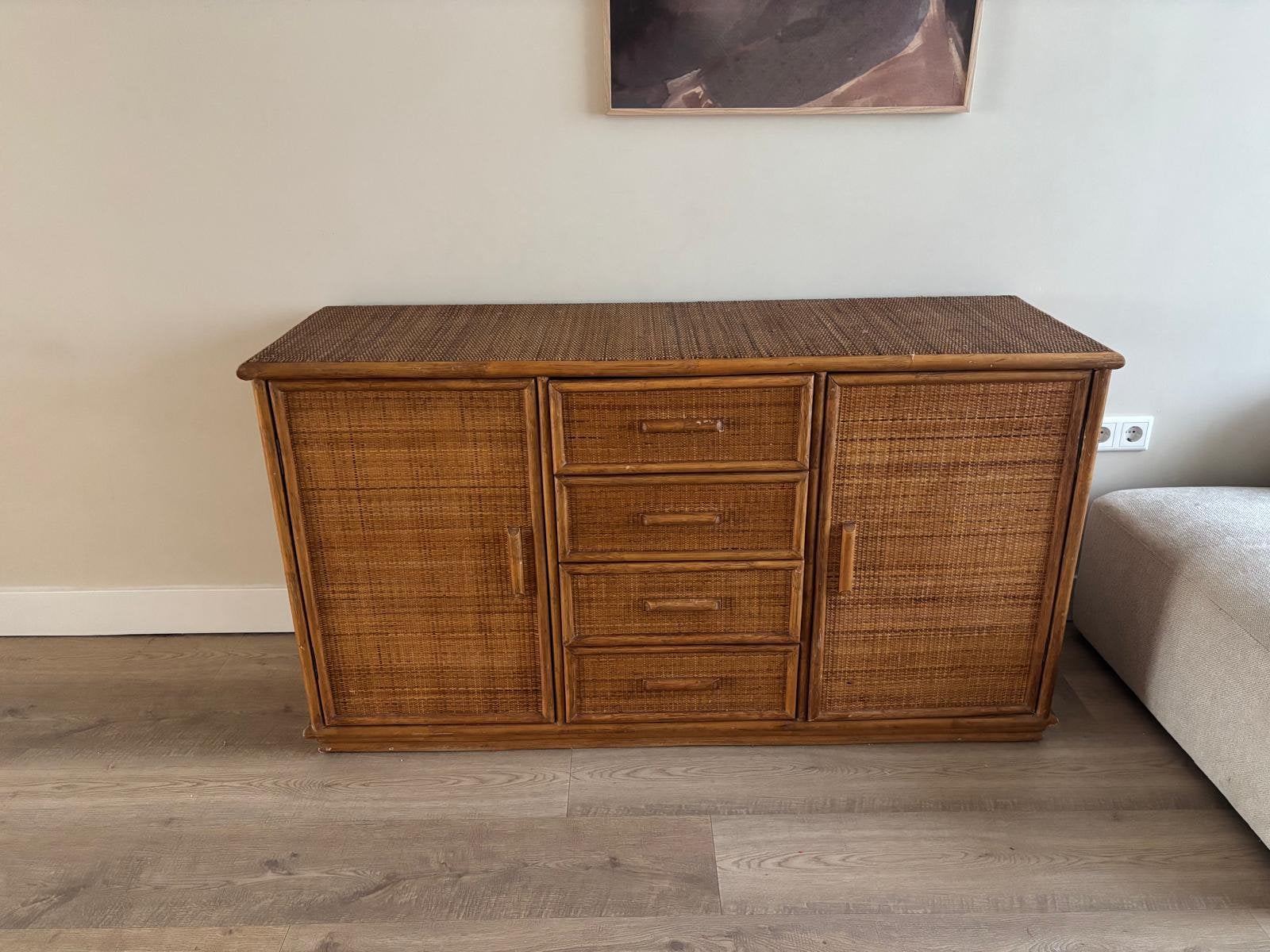 Rotan dressoir met lades en deuren, Ophalen, Overige materialen, Gebruikt, 100 tot 150 cm
