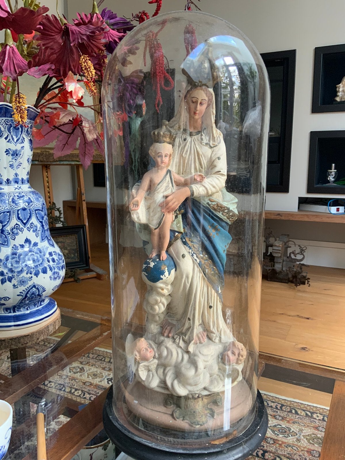 Antiek Mariabeeld Glazen Stolp  (ca. 1900), Ophalen, Zo goed als nieuw
