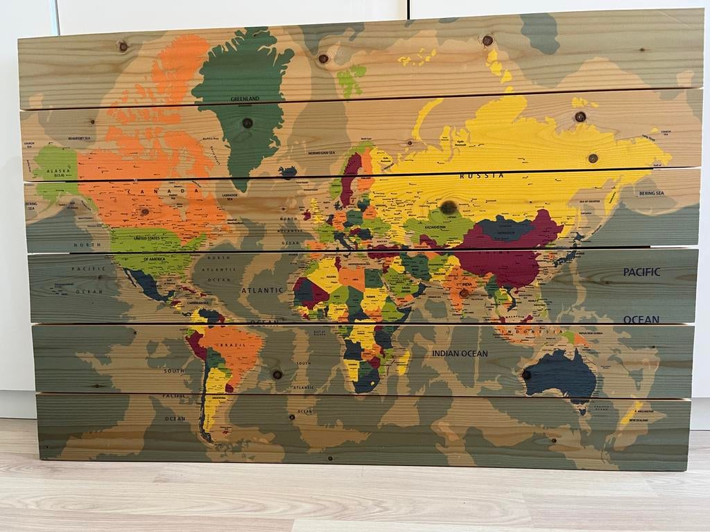 90x60cm Houten Wereldkaart- Gedetailleerd, Ophalen, Hout, Meerkleurig, Zo goed als nieuw