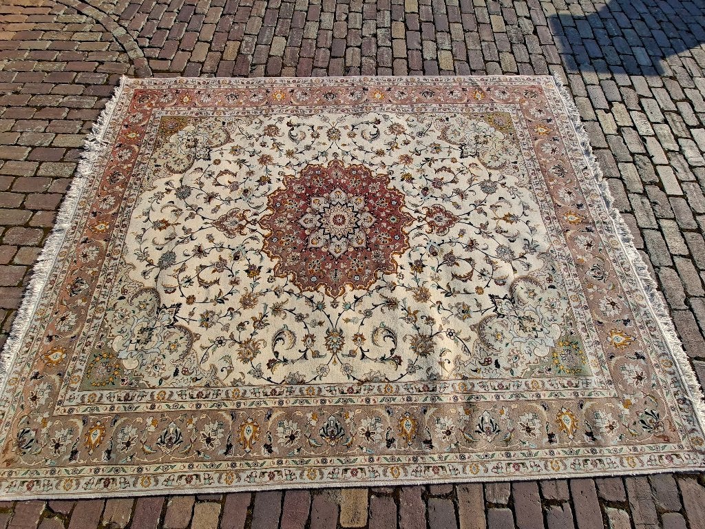 Handgeknoopte Perzisch tapijt Tabriz van zijde 2.80x2.10, Perzisch Tabriz, 150 tot 200 cm, 200 cm of meer, Geel