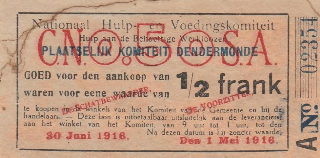 oorlog Bon Nationaal Hulp Dendermonde 1/2 frank 1916 Belgie, Ophalen of Verzenden, Overige landen, Los biljet