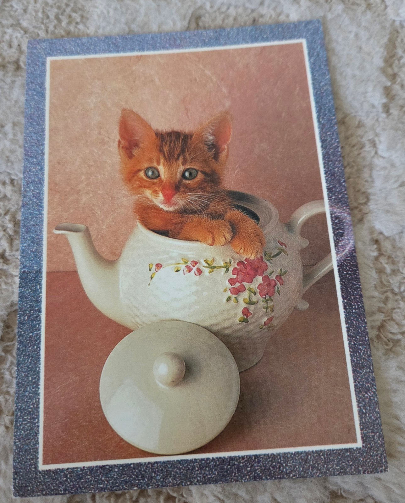 Ansichtkaart met schattige kitten in theepot, Verzenden, 1980 tot heden, Gelopen, Hond of Kat